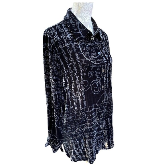 Vintage 90s Black Velvet Burnout Script Print Top Silk Blend Semi Sheer Boho L - Picture 6 of 16